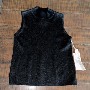 Euro-X silk blend black silver metallic sleeveless sweater sz L NWT